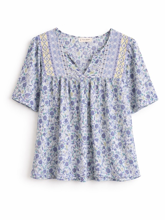 Lucky Brand Tops - Lucky Brand Blue Floral Boho Peasant Top Size L Short Sleeve Flowy Blouse